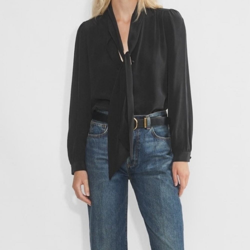 Aritzia Black Silk Tie-Neck Blouse